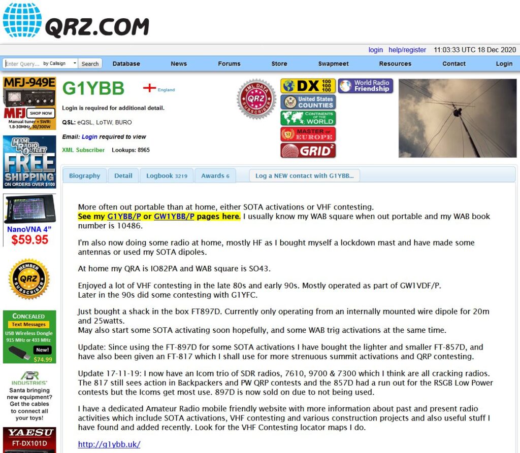 G1YBB page on QRZ